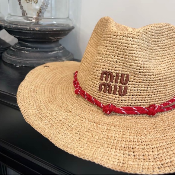 Miu Miu Natural Straw Hat with Red Band - Picture 3 of 5